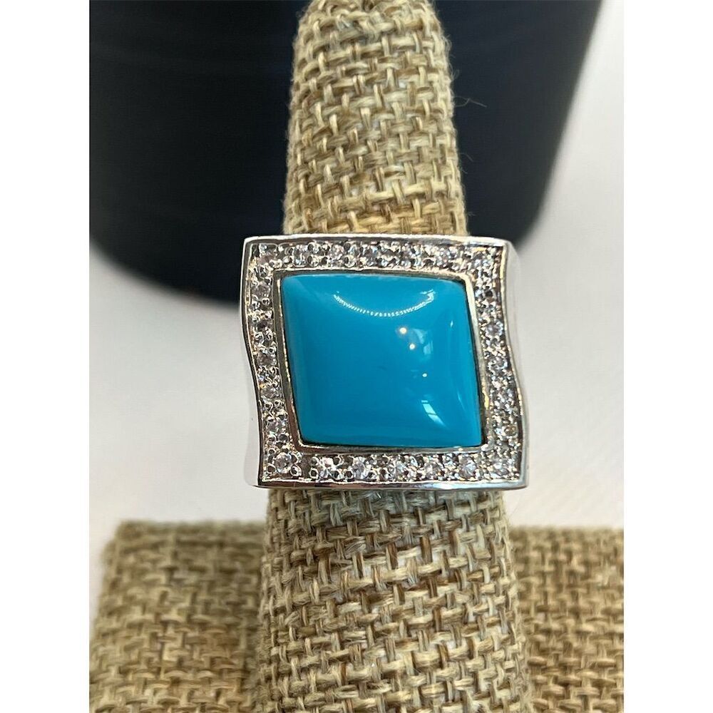 Turquoise & Crystal Halo Ring Rhodium Overlay Cushion Cut Sz 8